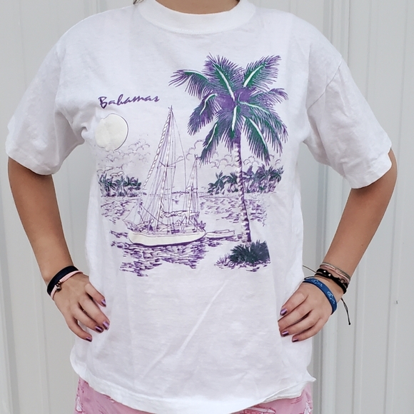 Vintage 80's Bahamas Souvenir T-Shirt Pot Pourri Label Large - Picture 1 of 11